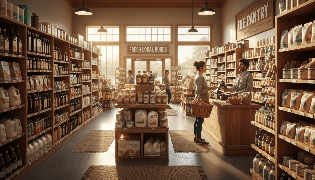 Bright neighborhood grocery store interior with fully stocked shelves, shopkeeper behind wooden counter serving customer